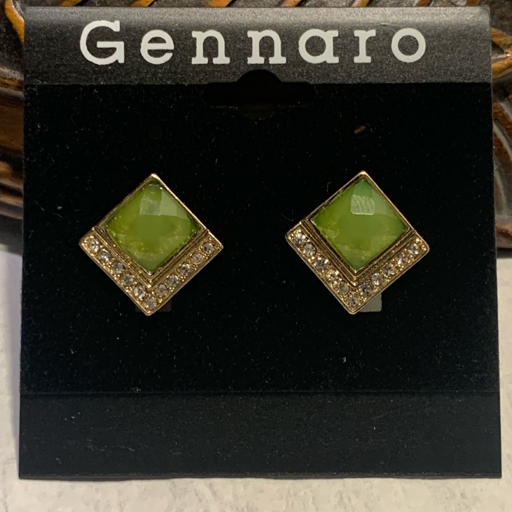 Gennaro Green Square And Clear Crystals Pierced Earrings
